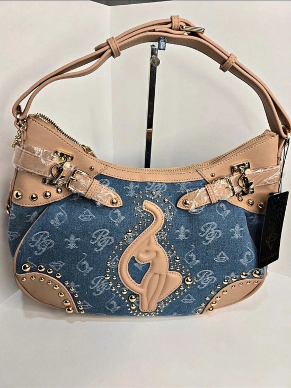 💙▪️ Baby phat Light Denim Monogram Studded Shoulder Bag Blue & Pink